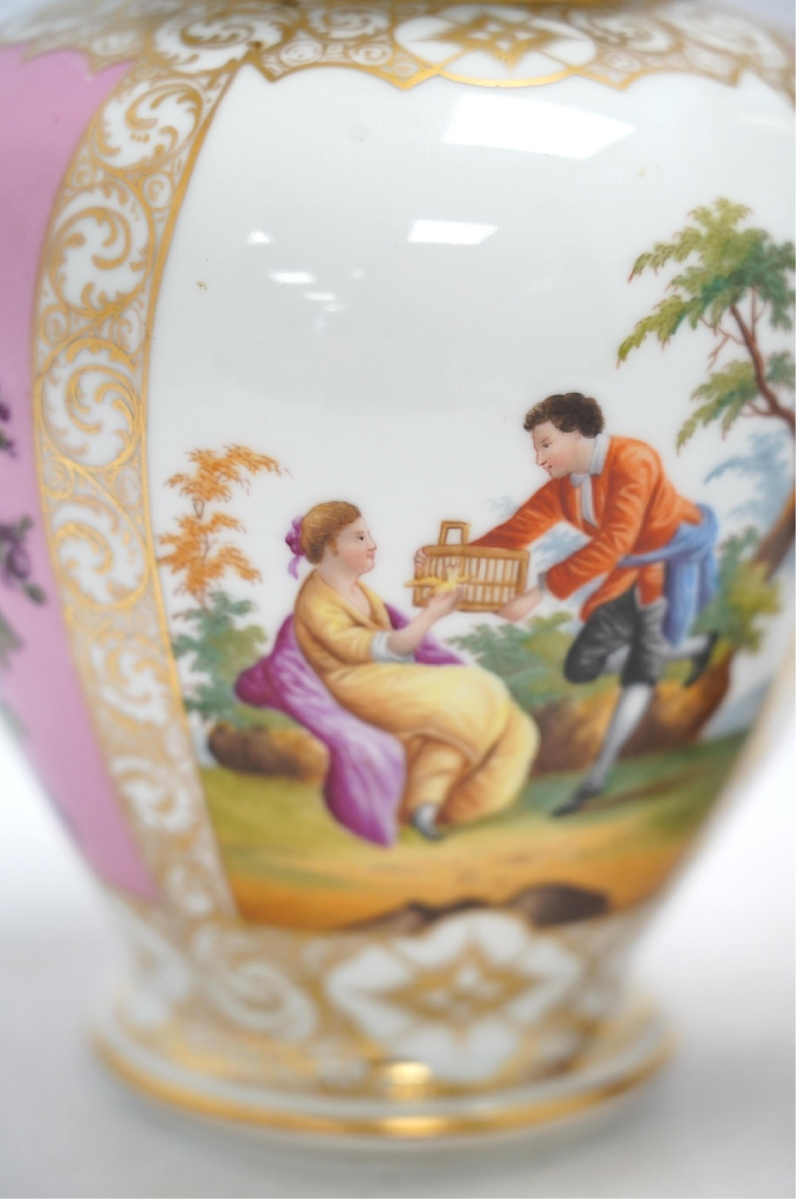 A Dresden Helena Wolfsohn vase and cover, and a French porcelain twin-handled vase, 27cm high. Condition - fair to good